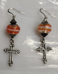Earrings - Charm - Cross - Orange Lampwork Beads