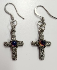 Earrings - Upcycled - Cross with Iridescent Gem