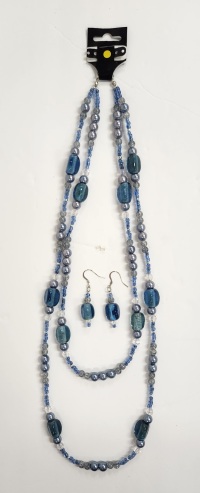Set - Beaded Necklace and Earrings - Blue