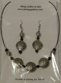 Set - Pendant & Earrings - Beaded - Silver & Bla